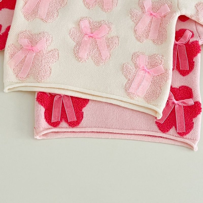 2025 Meisjes Herfst en Winter Nieuwe Gebreide Tweedelige Set Koreaanse Ronde Hals Beer Strik Trui + Tutu Rok_voghion.com