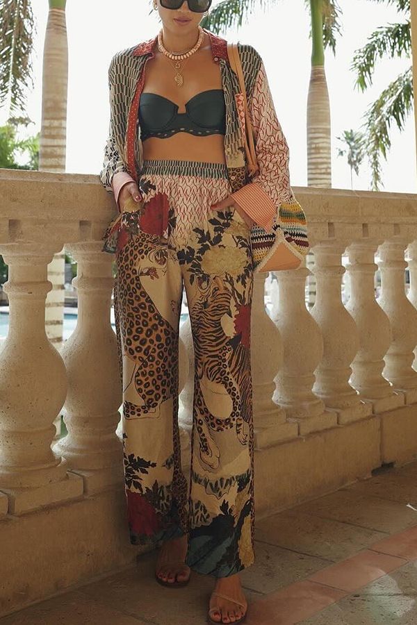 Vêtements pour femmes Loisirs Vacances Imprimé léopard Chemise à manches longues Pantalon Ensemble deux pièces_voghion.com