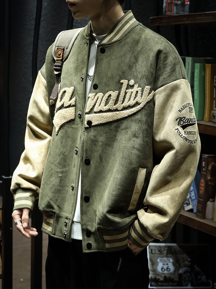 Jachetă bomber verde de primăvară și toamnă, model retro, jachetă bărbătească, elegantă, brodată, uniformă de baseball pentru cupluri_voghion.com