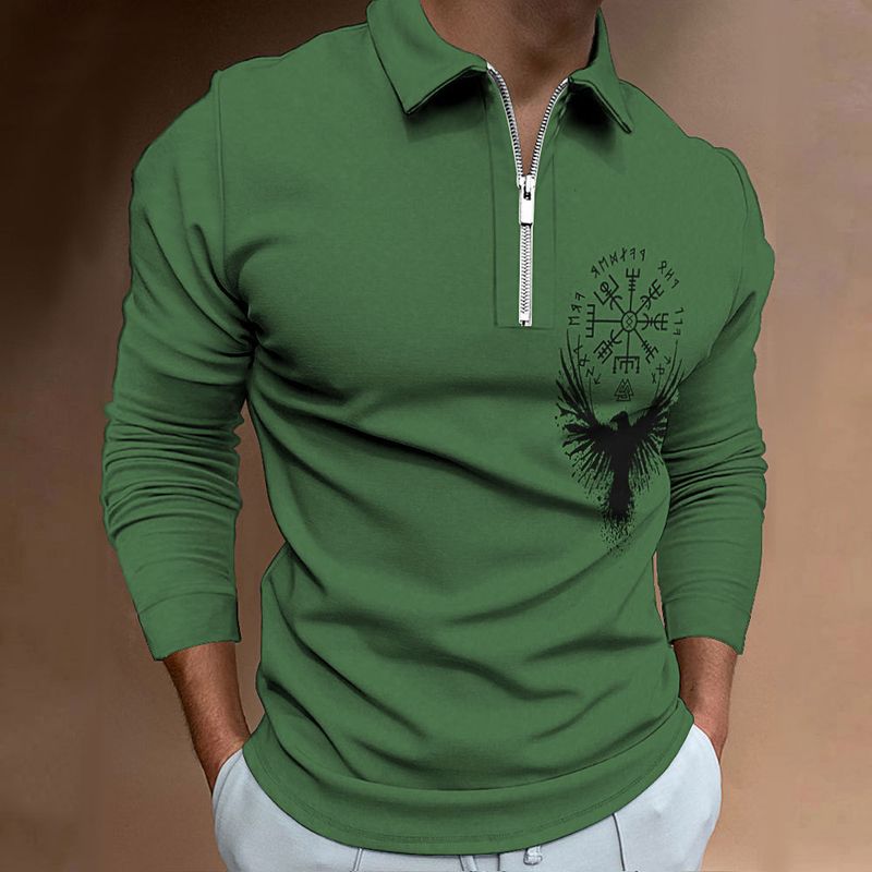 Langärmliges Poloshirt mit Adler-Print für Herren mit Reißverschluss für Herbst und Winter_voghion.com
