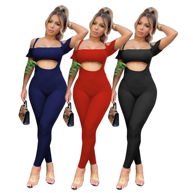 JP1029 Sexy ed elegante top a tubino a coste con maniche corte e pantaloni con spalline, set da due pezzi_voghion.com