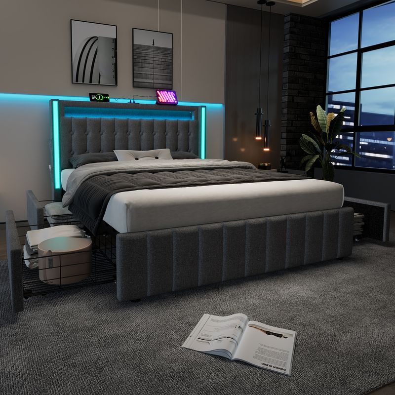 Lit double avec rangement et lattes en bois, chargement USB Type-C, éclairage LED et 4 tiroirs, gris (matelas non inclus). Lit enfant 140 x 200 cm._voghion.com