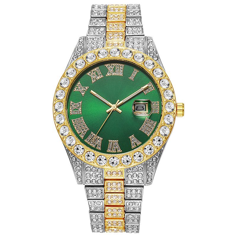 Men's Luxury Roman Numeral Quartz Watch Set With Diamond Accents And Matching Bracelet & Cross Necklace Men's Gold Watch Set_voghion.com