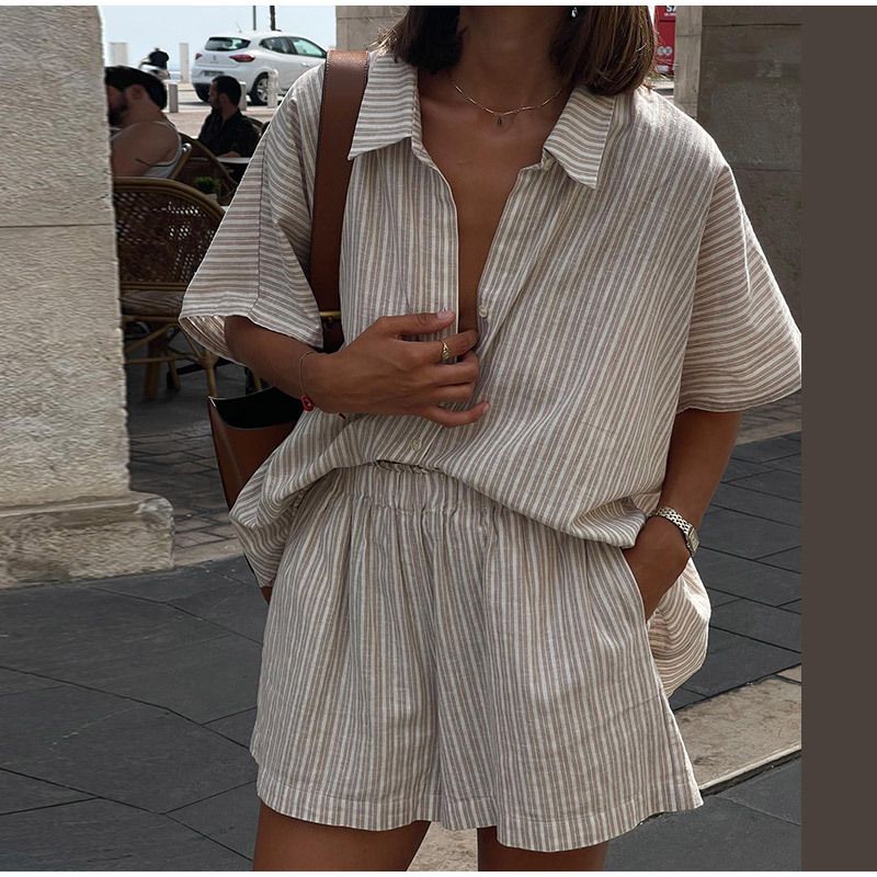 Ensemble 2 pièces à rayures et revers pour femme, haut taille haute plissé à manches longues et simple boutonnage, tenue d'été décontractée_voghion.com
