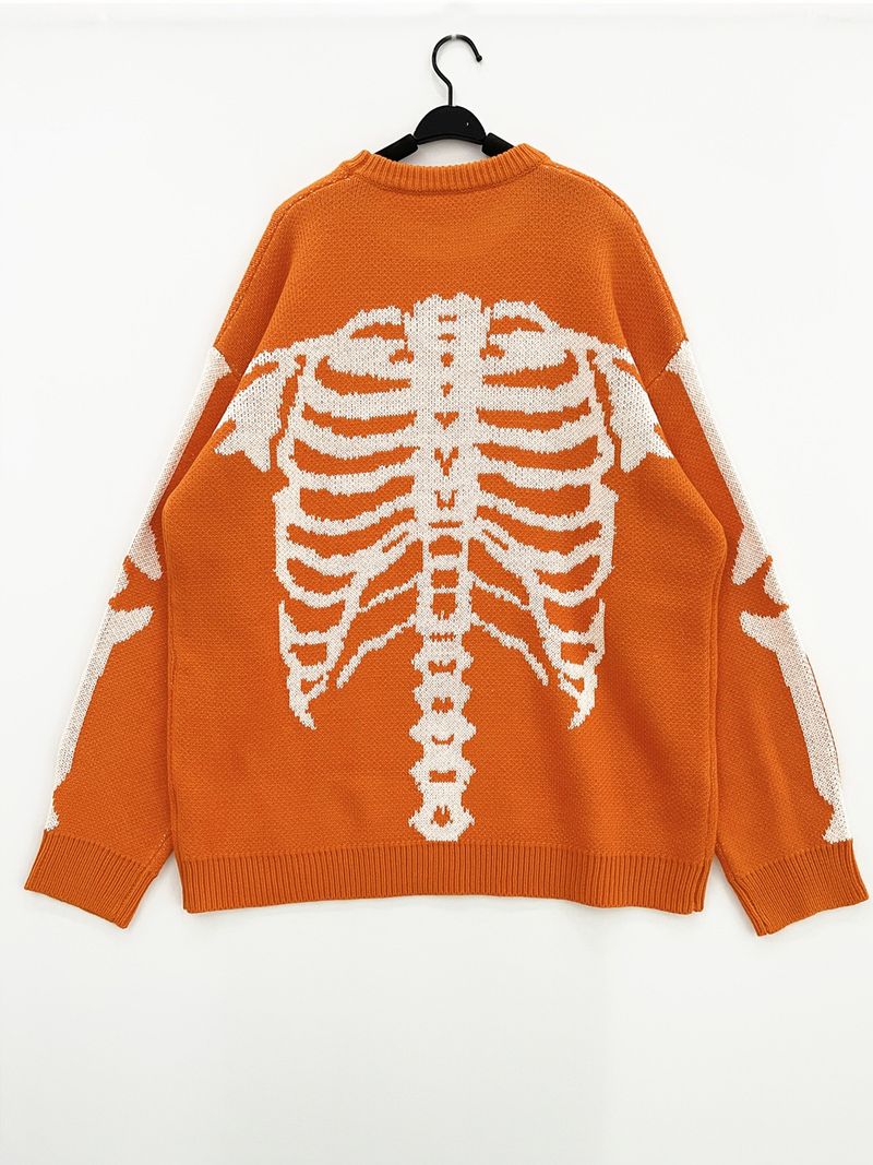 Pull élégant en tricot jacquard à tête de mort contrastée - Pull ample et décontracté pour Halloween et l'automne_voghion.com
