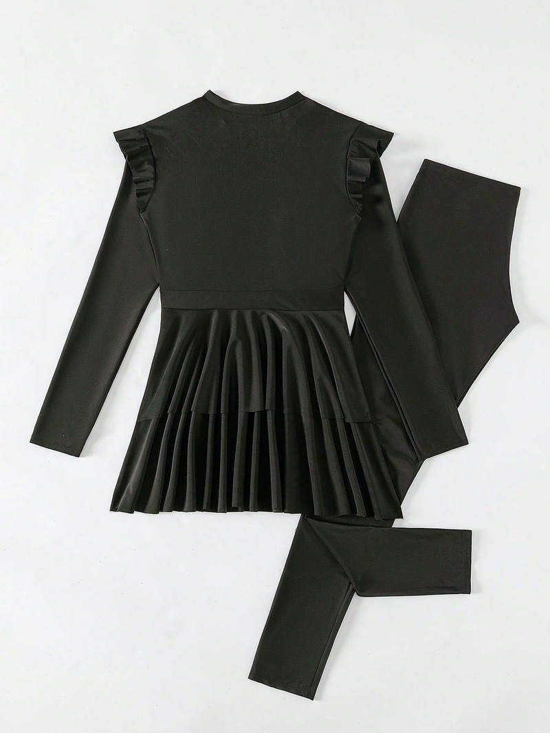 Women's swimsuit split two-piece set ruffled long-sleeved trousers conservative flesh-covering swimsuit_voghion.com