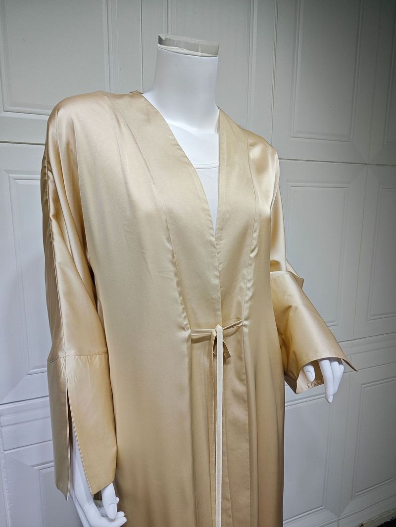 Femei musulmane halat de baie rochie de seară satinată moale cu deschidere frontală halat Abaya culoare solidă_voghion.com
