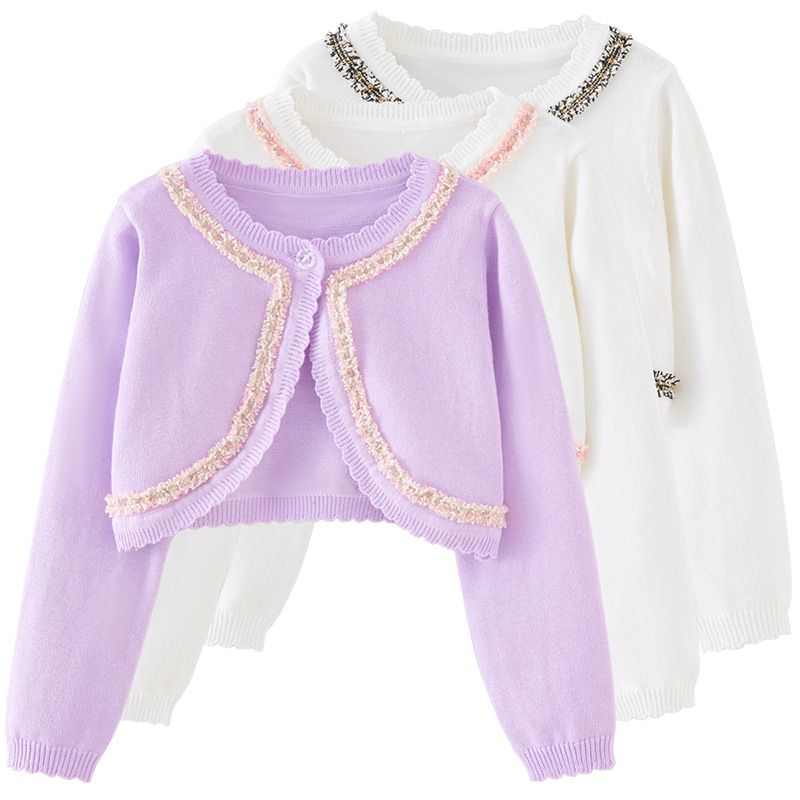 Cardigan élégant en tricot d'inspiration victorienne pour mère et enfant, avec bordure en dentelle, léger et doux, en mélange de coton (blanc-rose/blanc-noir/violet-rose)_voghion.com