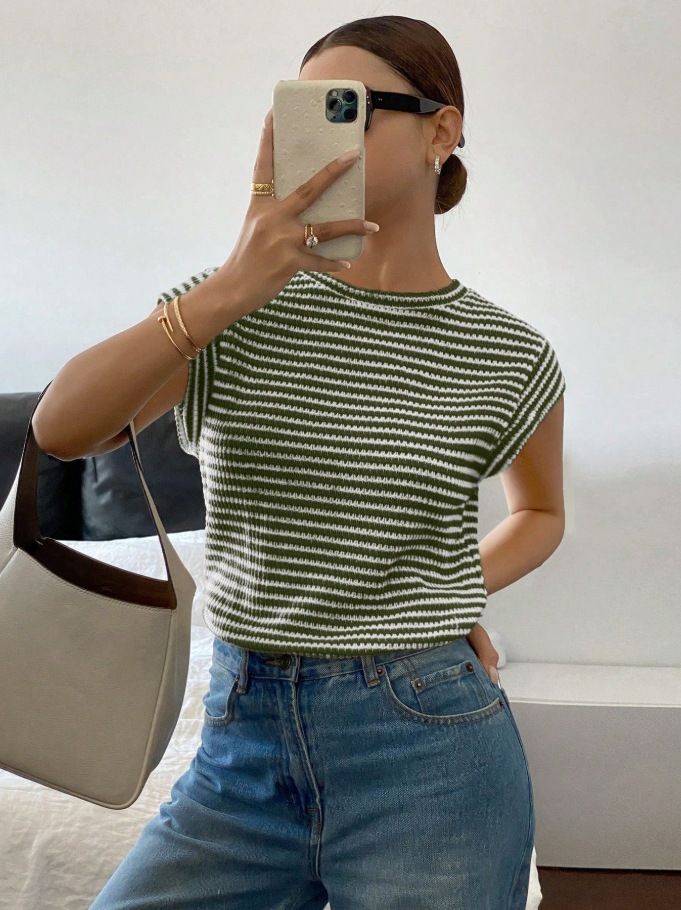 Europese en Amerikaanse grensoverschrijdende dameskleding Zomer Nieuwe gestreepte ronde hals mode trui Vleermuismouwen T-shirt Vrouwelijk_voghion.com