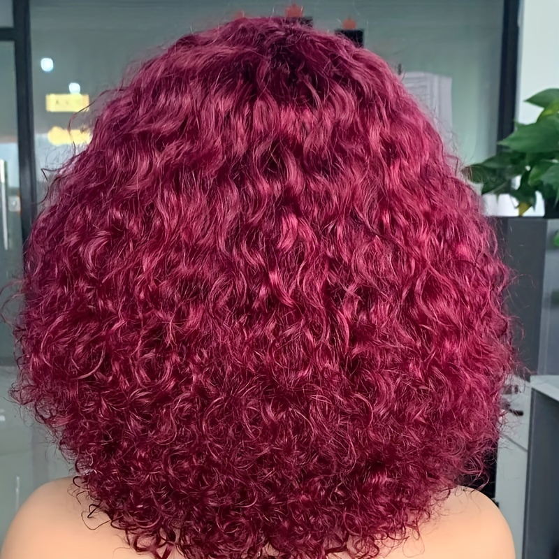 Perruque de cheveux humains ondulés de 14 pouces, fabriquée à la machine, avec frange, densité 180%, dentelle sans colle, maille rose, cheveux humains bouclés, couvre-tête pour femmes_voghion.com