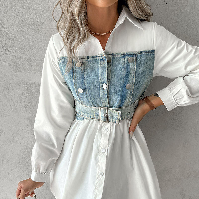 Top camicia in denim con bottoni e cuciture New Source Fashion da donna, 361 g_voghion.com