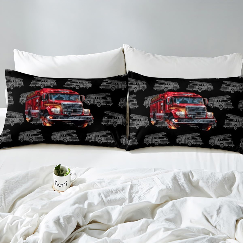 Set copripiumino per lettino con camion dei pompieri per bambini, ragazzi e adolescenti, set di biancheria da letto con pompieri, copripiumino con 2 federe._voghion.com