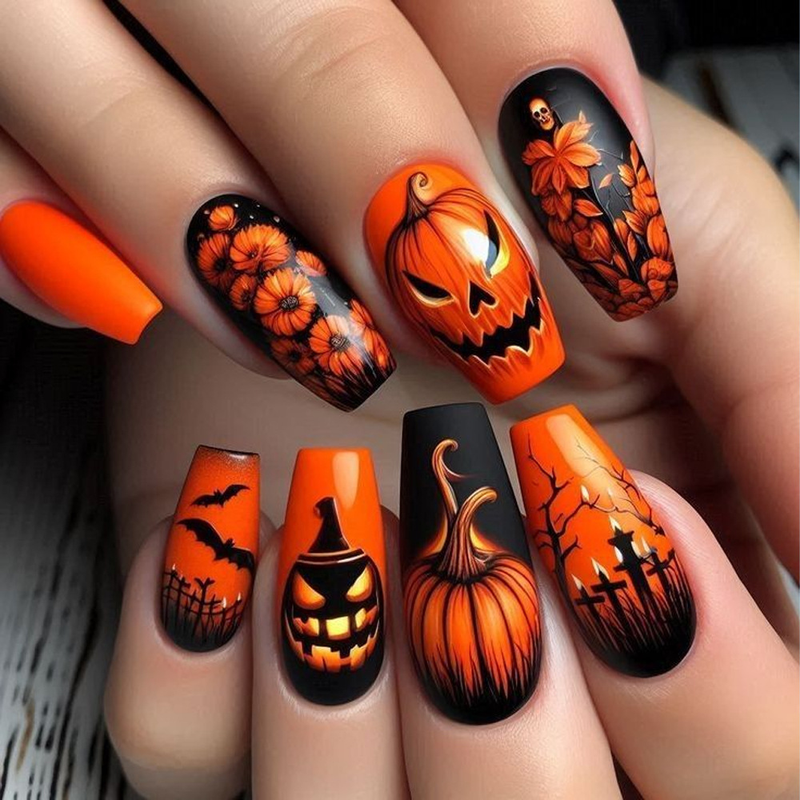 24 Stück Halloween-Nägel – Abnehmbare künstliche Nägel mit gruseligem Kürbis- und Blumendesign – Kleberfreie tragbare Nagelaufkleber für Frauen, Halloween-Dekoration_voghion.com