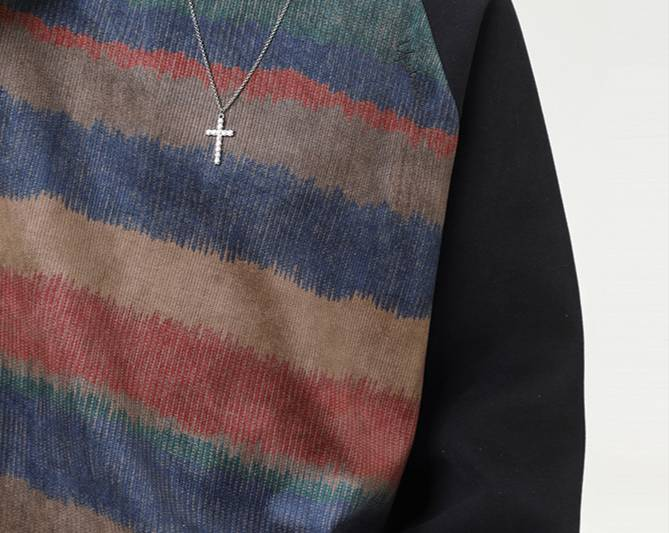 Retro 、Color-Block Crewneck Sweatshirt Oversized Drop-Shoulder Unisex Pullover With Gradient Stripes & Stretch Cuffs (M-XXL, Black)_voghion.com