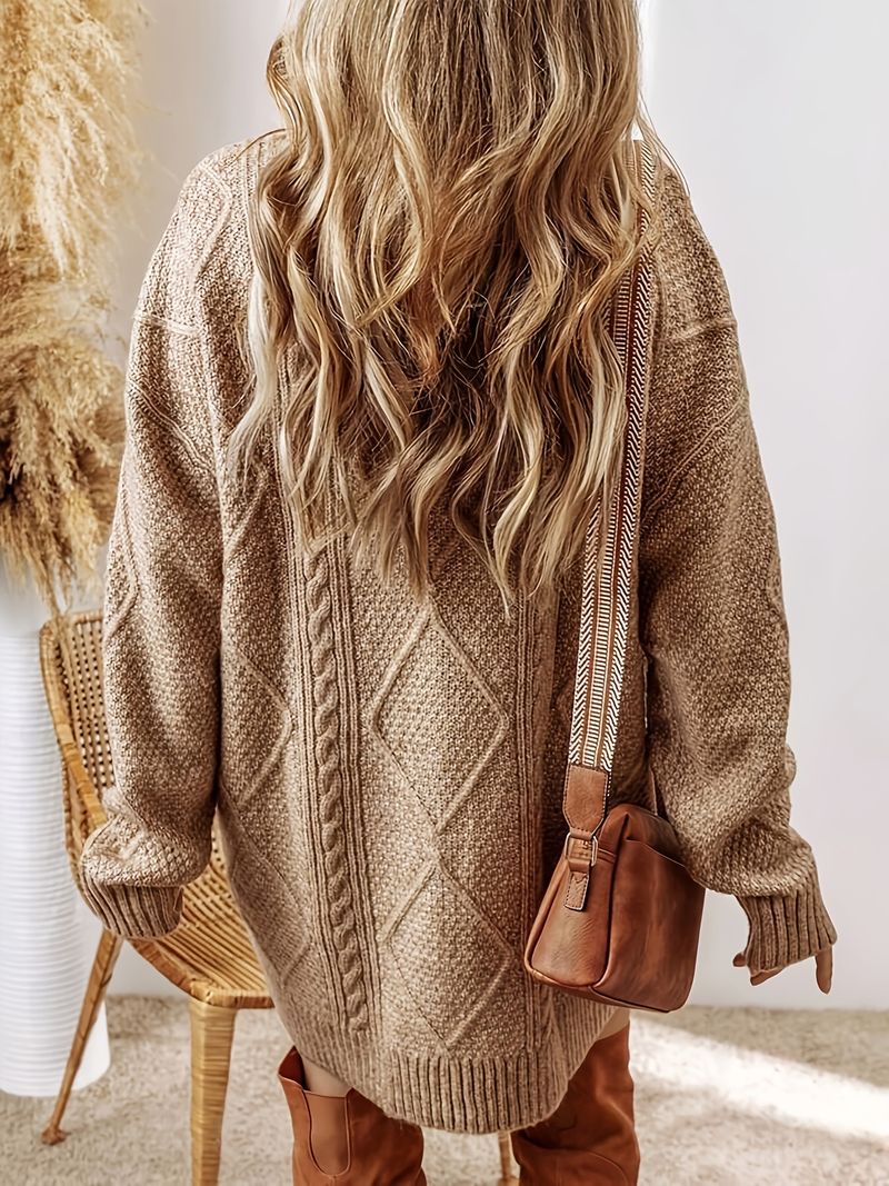 Cozy Cable-Knit Sweater Dress – Oversized Winter Tunic Dress (S-XXL, Beige/Purple)_voghion.com