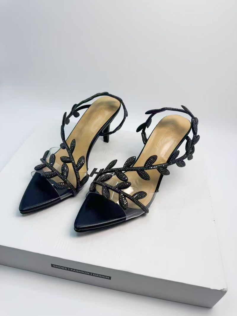 2025 Spring Straight Pointed Toe Rhinestone Leaf Sandals, Novelty Style, Fashion High Heels Casual Versatile_voghion.com