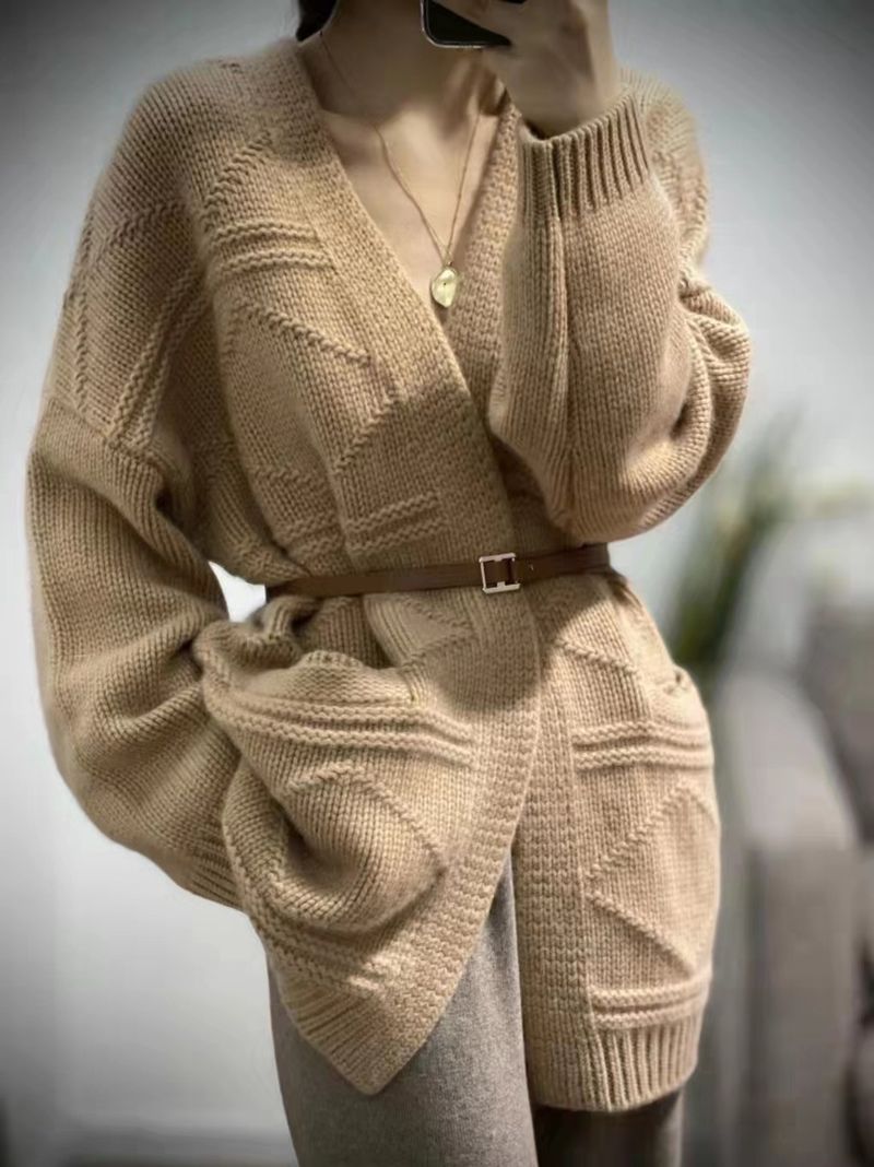 Gilet cardigan épais en jacquard pour femme, collection automne-hiver 2023, coupe ample et décontractée, mi-long._voghion.com