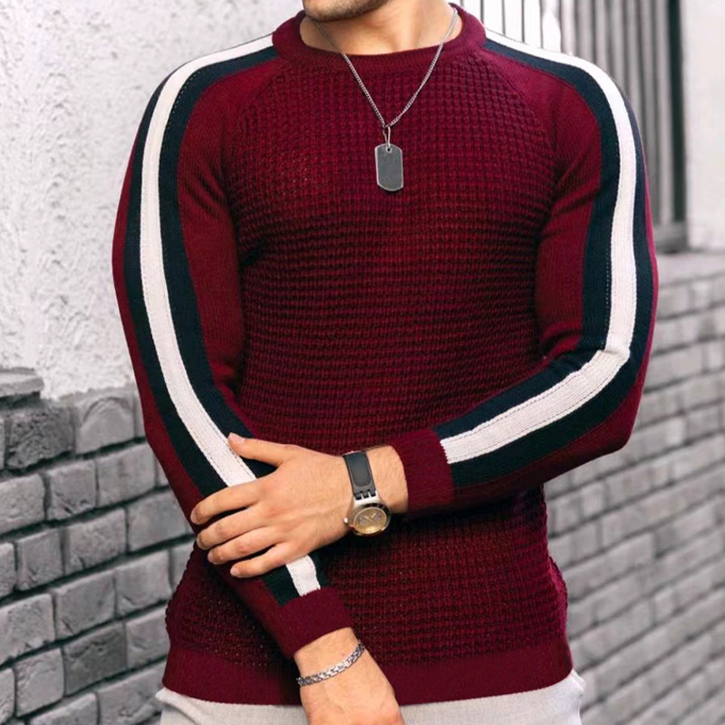 Menswear Autumn And Winter Waffle Long Sleeve Crew Neck Shirt Men's Contrast Color Slim Fit Bottom Sports Casual Sweater Men_voghion.com