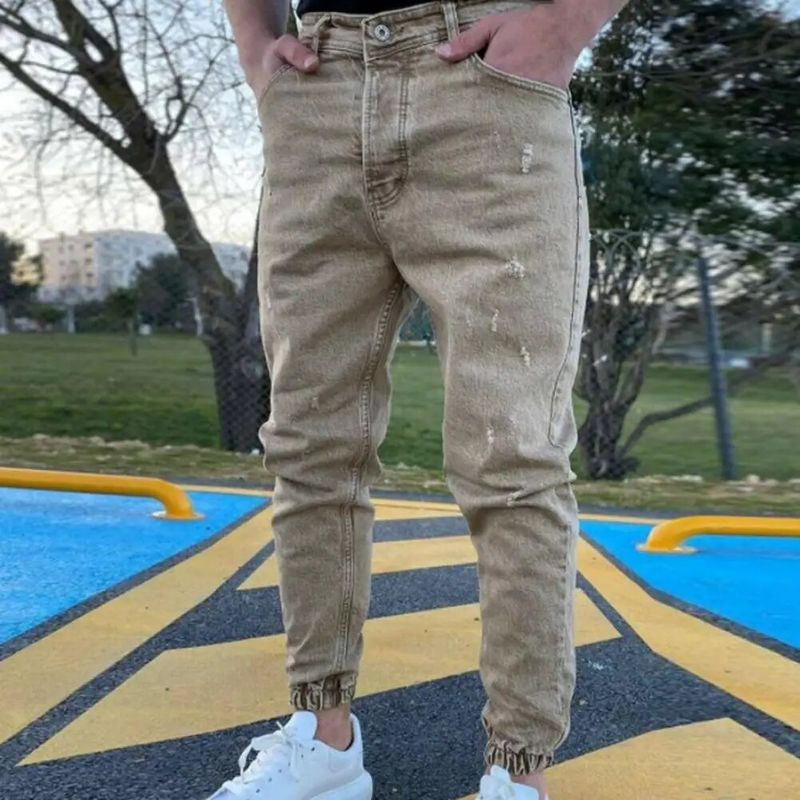 2024 Herbst Slim Fit Heren Jeans Reine Farbe Casual Elastische Taille Jeans Strahl Fuß Streetwear Jogger Denim Hosen_voghion.com
