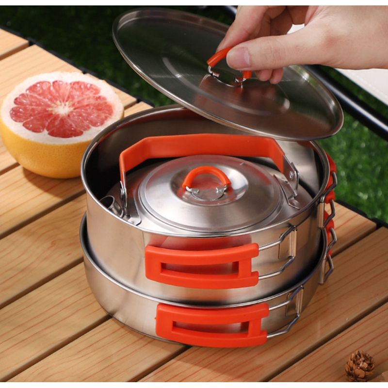 Set de gătit pentru camping din oțel inoxidabil 304, set de trei piese pentru supă, tigaie pliabilă_voghion.com