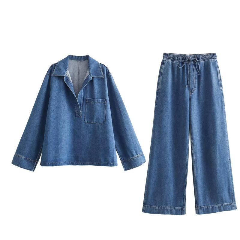 Women's Clothing Street Fashion Straight Pants Suit Tops Denim Casual Wear_voghion.com