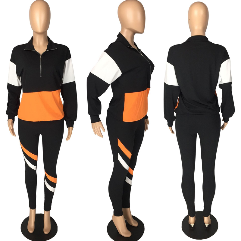 Zweiteiliger Freizeit-Sportanzug für Damen im Farb-Patchwork-Design_voghion.com