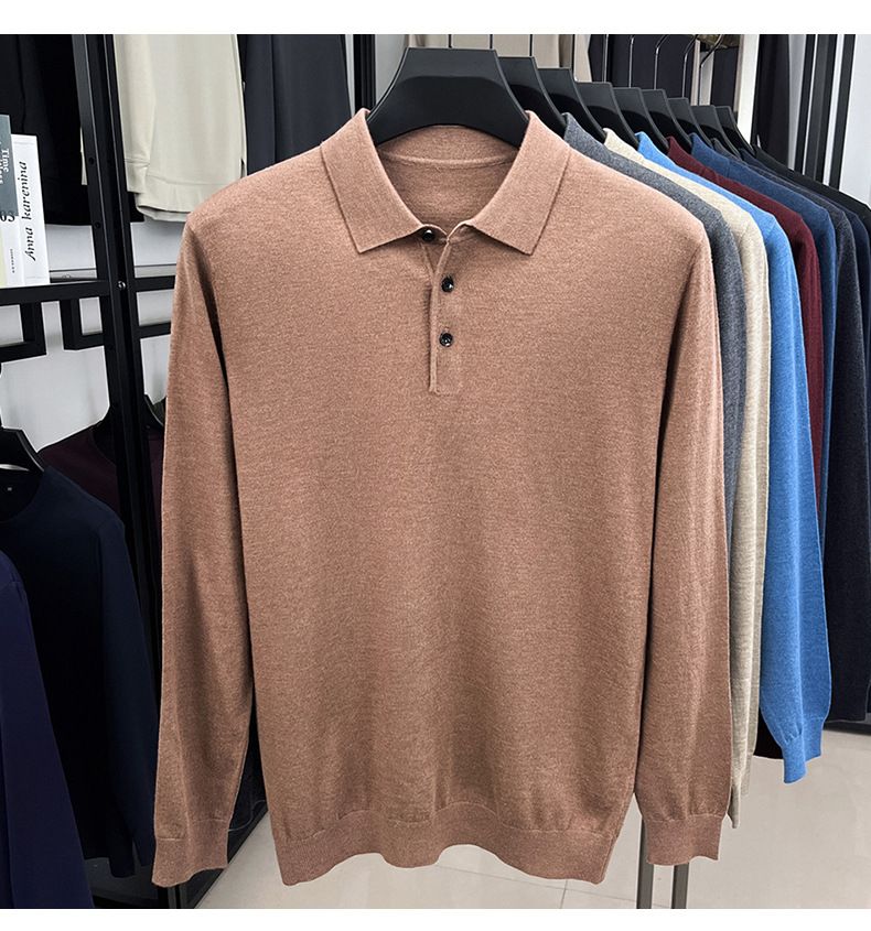 Men's Long Sleeve Knitted Sweater Spring Autumn Thin Wool Blend Turn-down Collar Middle-aged Base Shirt Top_voghion.com