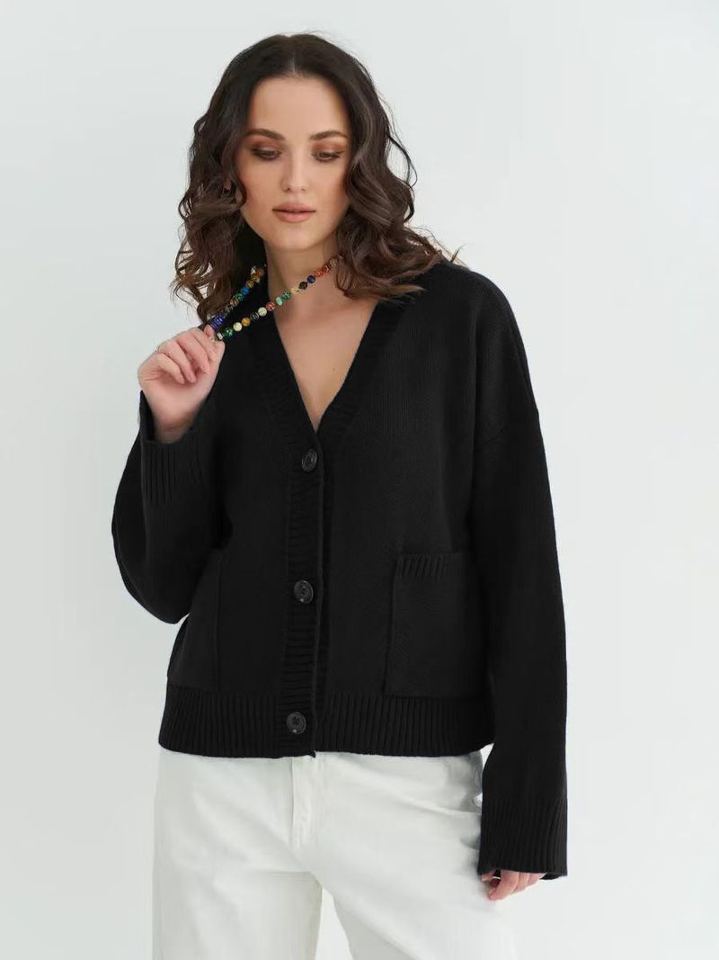 Cardigan en tricot à col en V et poches pour femme - Pull oversize doux et confortable pour l'automne et l'hiver, élégant, coupe ample, décontracté, manches longues, ouvert sur le devant_voghion.com