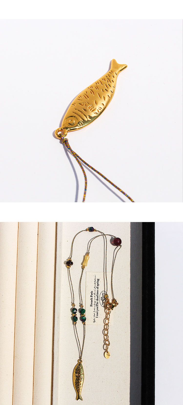 Collier pendentif poisson en laiton fait main pour femme avec chaîne en corde, motif animal géométrique, chaîne de clavicule légère et délicate pour un usage quotidien_voghion.com