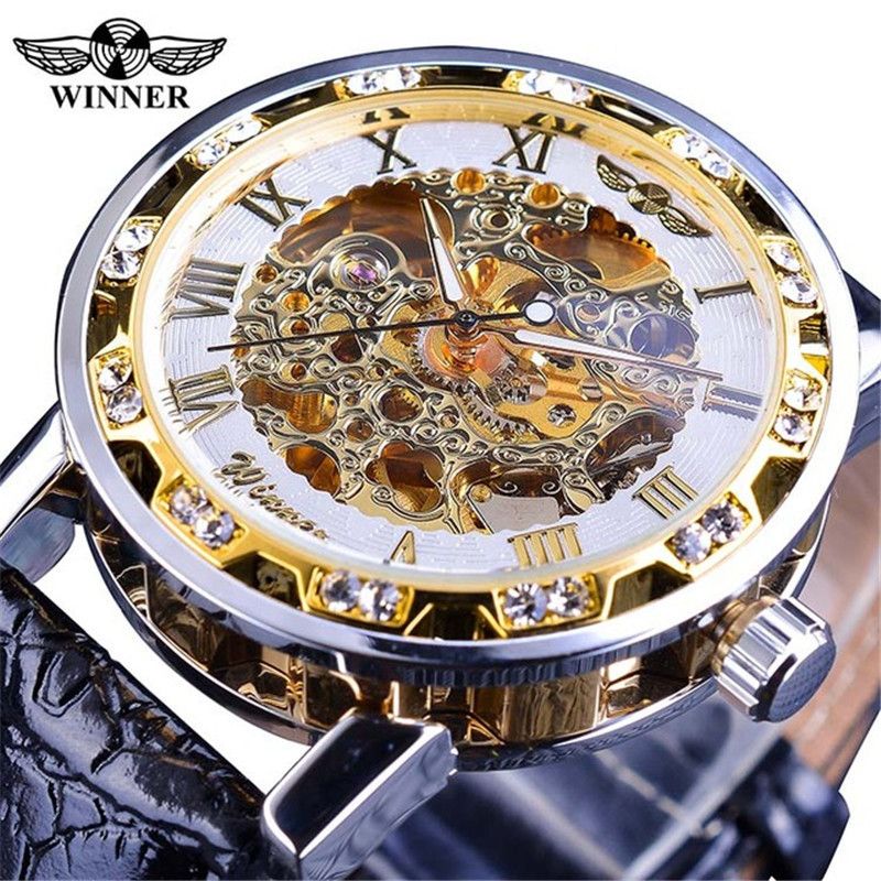 Men's Fashion Skeleton Mechanical Watch With Rhinestones - Hand-Winding Luxury Timepiece, 40mm Leather Strap, Stainless Steel Buckle_voghion.com