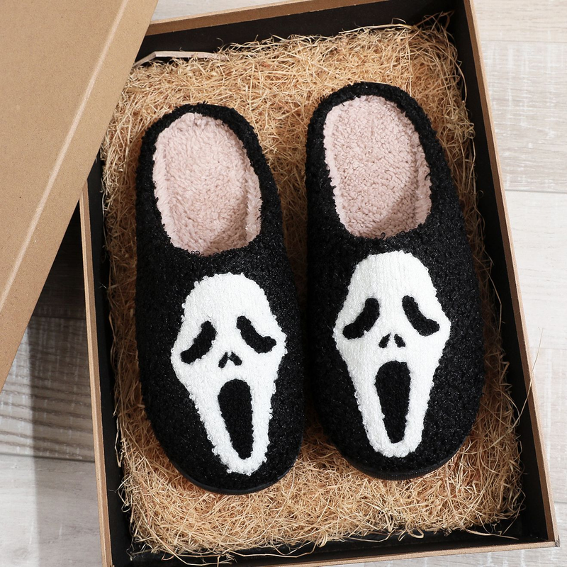 Novità di Halloween per uomo e donna, pantofole invernali in cotone con teschio e faccina sorridente, scarpe taglie forti_voghion.com