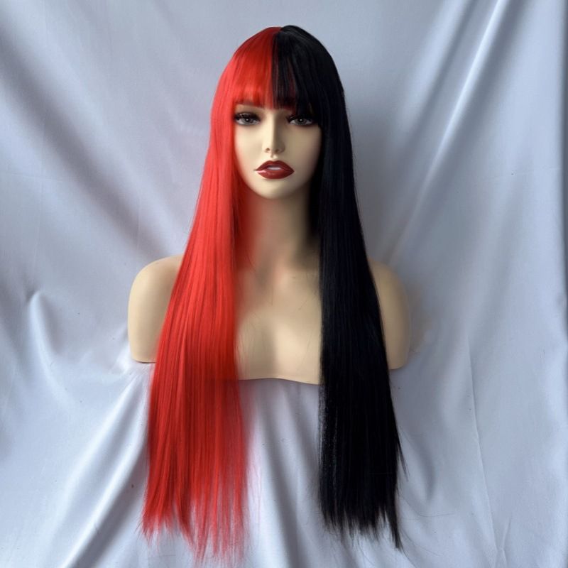 Perücke weibliche lange glatte Haare Luft Pony zweifarbig Yin und Yang Kopf Halloween Cos Chemiefaser Perücke Set_voghion.com