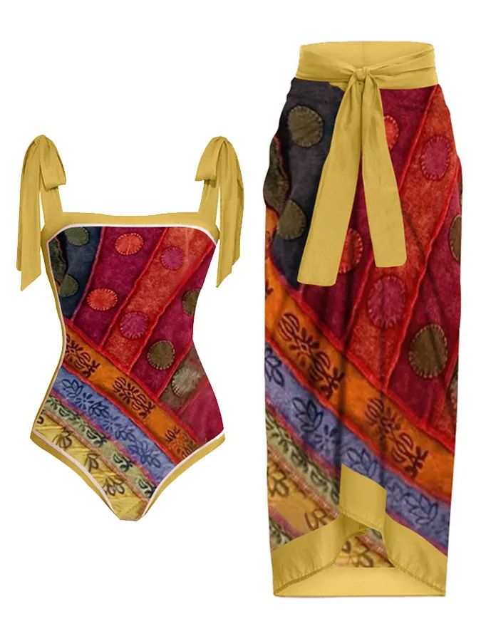 Printed One-Piece Swimsuit With Wrap Skirt – Stylish & Sun-Protective Swimwear For Women_voghion.com