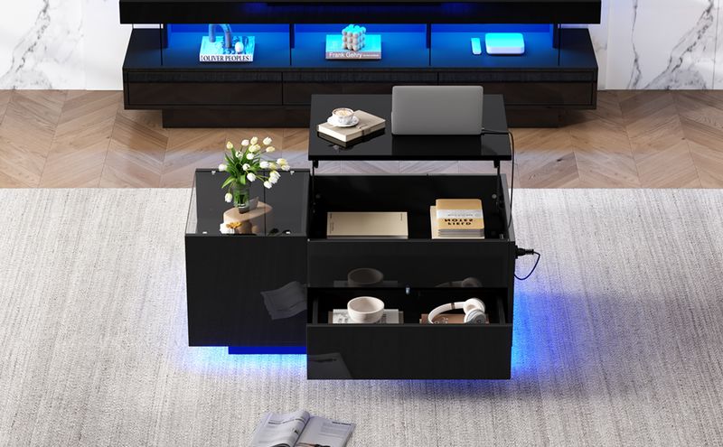 Table basse réglable en hauteur 95 x 48 x 42 cm avec rangement dissimulé, éclairage LED, tiroir et prise de courant - Table d'appoint de salon noire_voghion.com