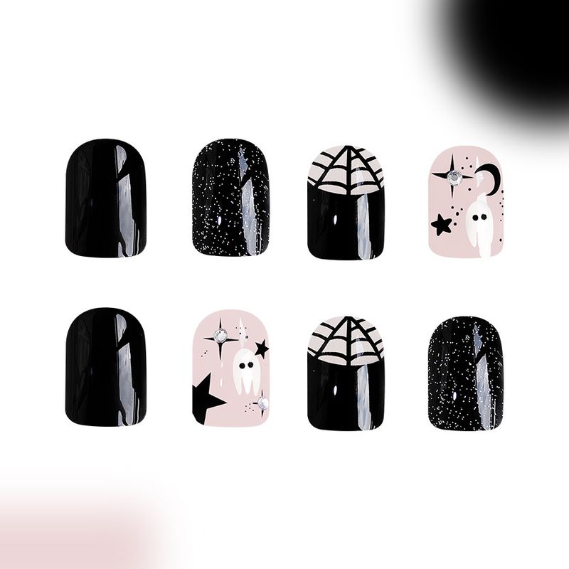 Armadura curta quadrada com glitter Halloween teia de aranha fantasma abóbora glitter listra moda desgaste manicure combinação 24 peças_voghion.com