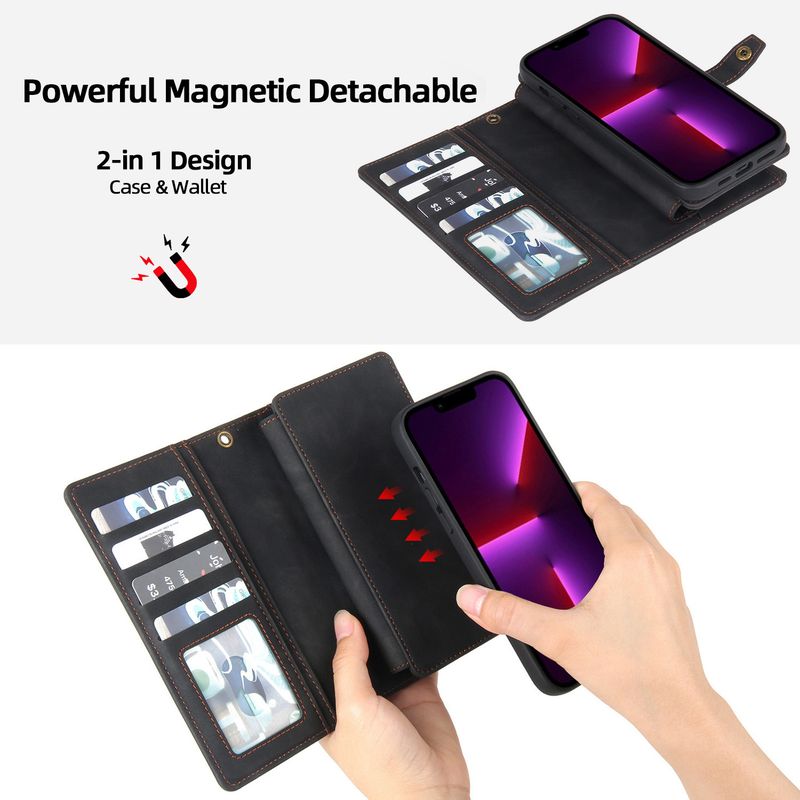 Custodia per telefono con portafoglio magnetico in pelle per iPhone 16 Pro Max 15Plus 14 13 12 Mini con slot per schede multiple e cinturino da polso_voghion.com