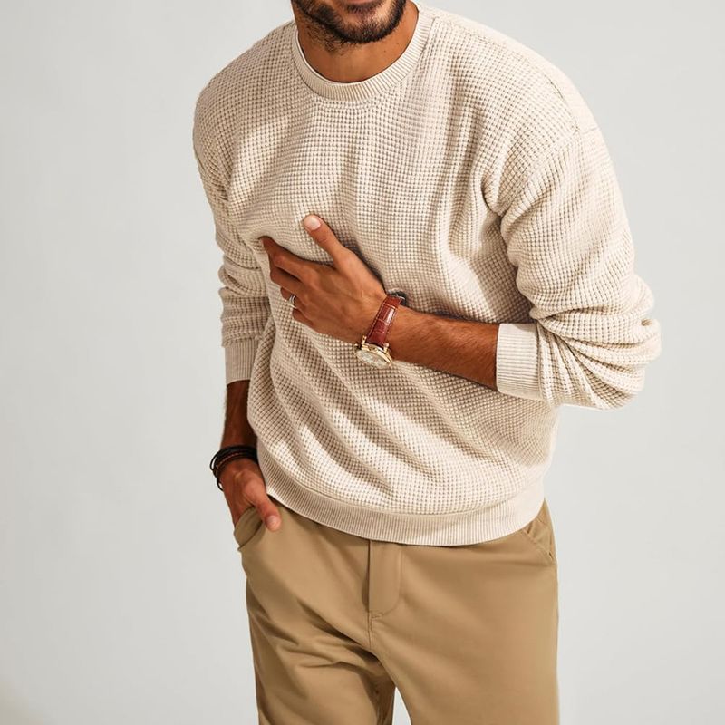 Men's Waffle Knit Sweater – Breathable Textured Pullover With Relaxed Fit For Casual Comfort_voghion.com