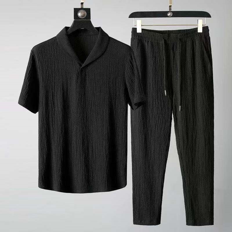 2Pcs Set Summer Outfits Men's Sets Solid Color Short Sleeve T Shirts Pants Two Piece Set Men Tracksuits_voghion.com