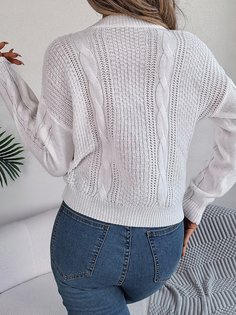 Cropped Sweaters for Women Crew Neck Crochet Knit Pullover Sweater Fall Trendy Button Long Sleeve Solid Color Jumper Tops_voghion.com