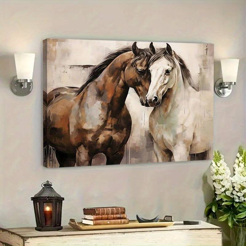 1pc Framed Retro Horse Gift Canvas Prints Painting Wall Art Rural Horse Poster Art Print Romantic Couples Horse Canvas Wall Art For Bedroom_voghion.com
