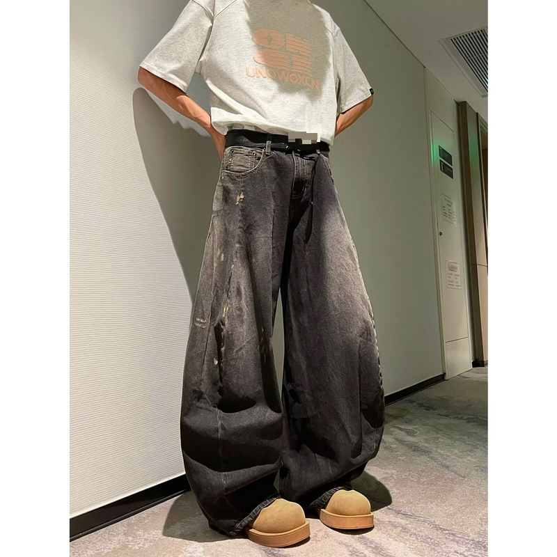 Inktspattende jeans voor heren in de zomer, Amerikaanse high street-sfeer, los, casual, veelzijdig, gewassen, niche, rechte pijpen en wijde pijpen_voghion.com