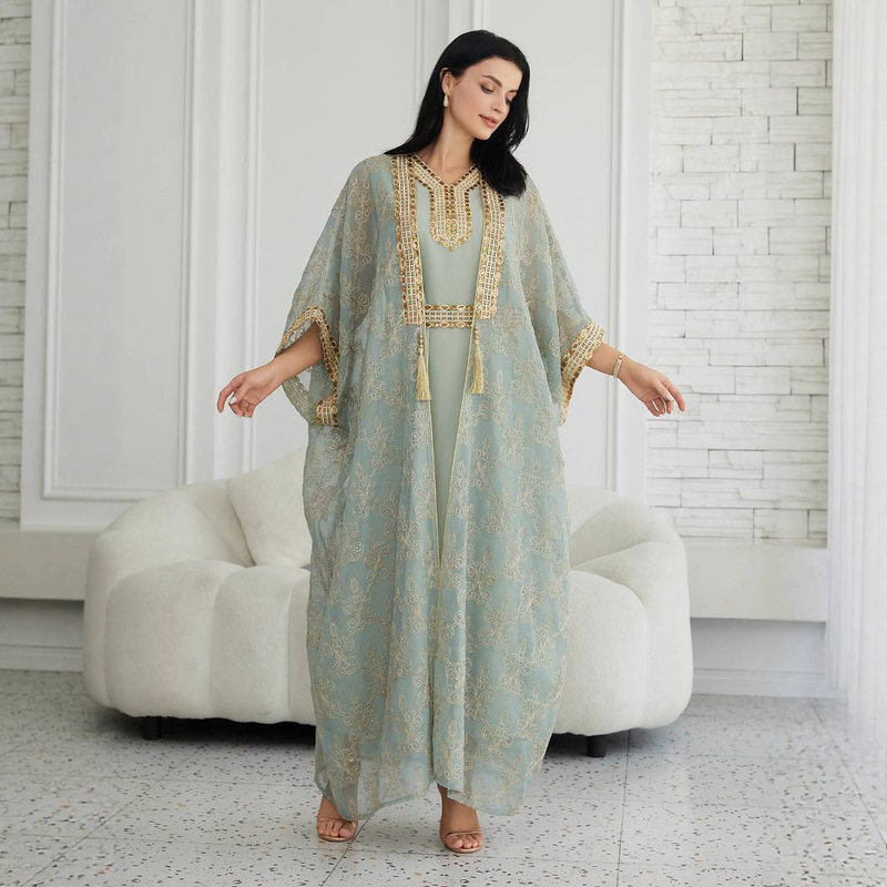 Elegantes, besticktes Abaya-Kleiderset mit Weste aus Dubai für Muslime – langärmliges Maxikleid mit Blumenspitze für Damen (Hellgrün, M/L/XL/XXL)_voghion.com