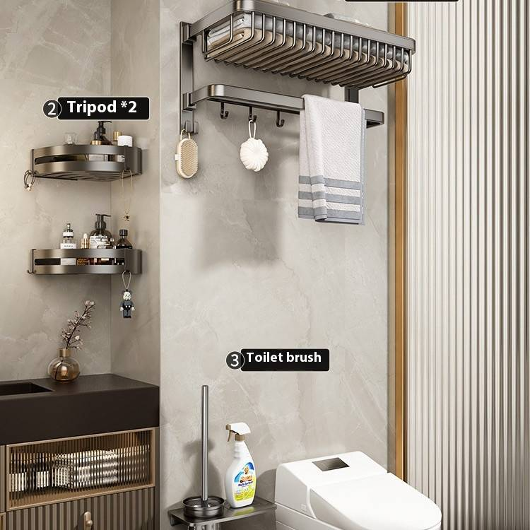 Badkamer handdoekrekset van gunmetal - ruimtebesparende opvouwbare plank met hoekmand en toiletborstelhouder - installatie zonder boren_voghion.com