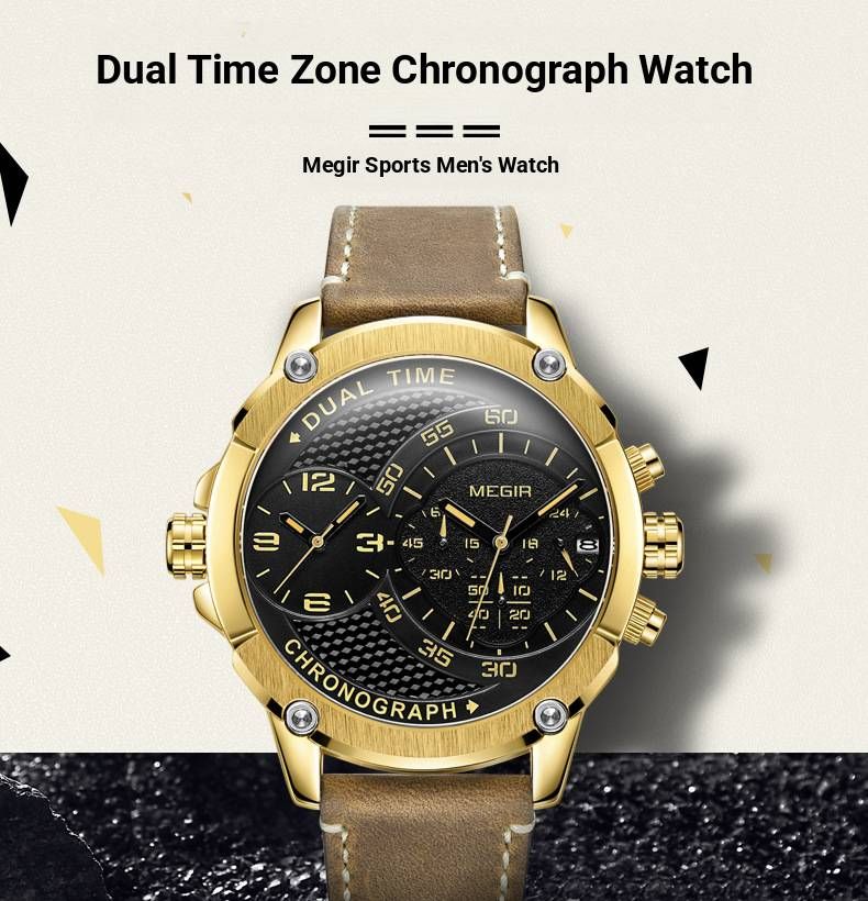 Orologio da uomo GMT Dual-Time – Cinturino in vera pelle da 48 mm con data e indicatore delle 24 ore (cronografo resistente all'acqua per viaggi e lavoro)_voghion.com