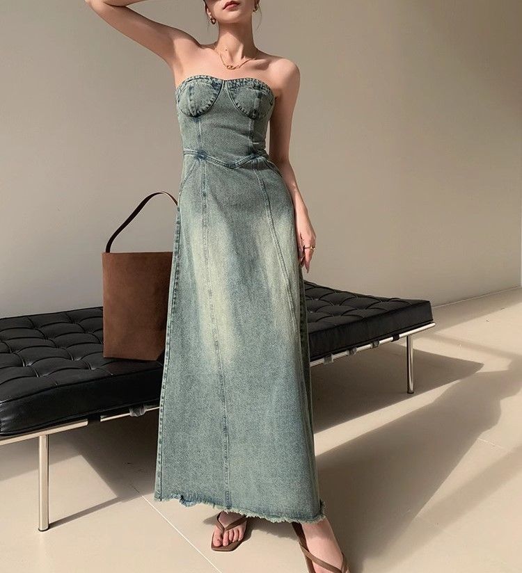 JWUNIQUE Blue Strapless Dress For Women's Summer New Slim Fit Denim A-Line Long Skirt_voghion.com