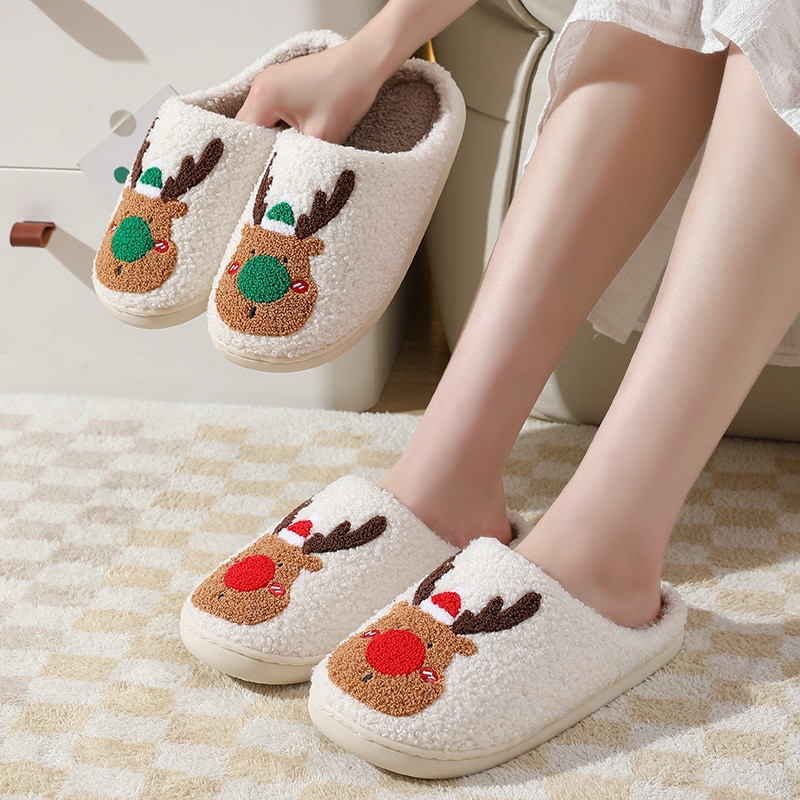 New Christmas Women Elk Cotton House Girl Fur Cute Cushion Slides Bedroom Ladies Men Plush Shoes Winter Slippers_voghion.com
