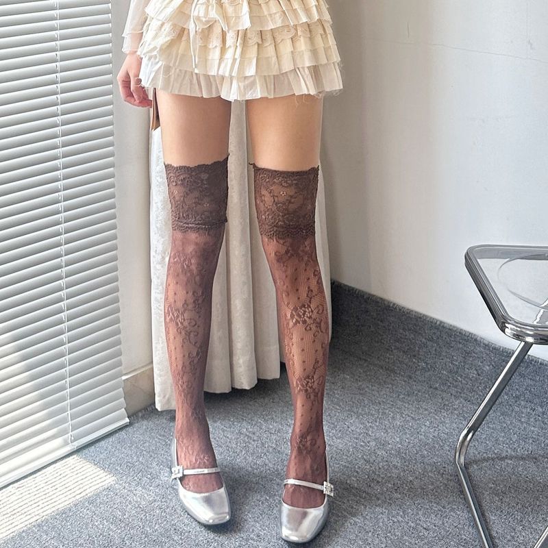Spring Summer Pure Desire Style Lace Trim Long Floral Fishnet With Boots White Colorful Over-the-Knee Socks For Women_voghion.com