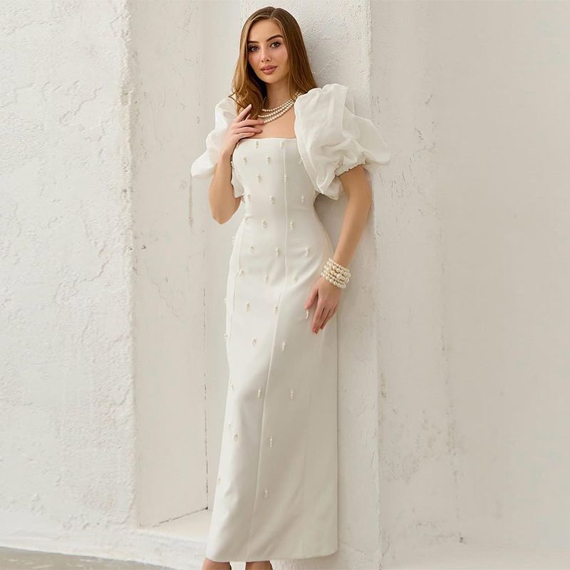 Gonna lunga a pois retrò alla moda con colletto semiaperto, vestibilità aderente, da donna_voghion.com