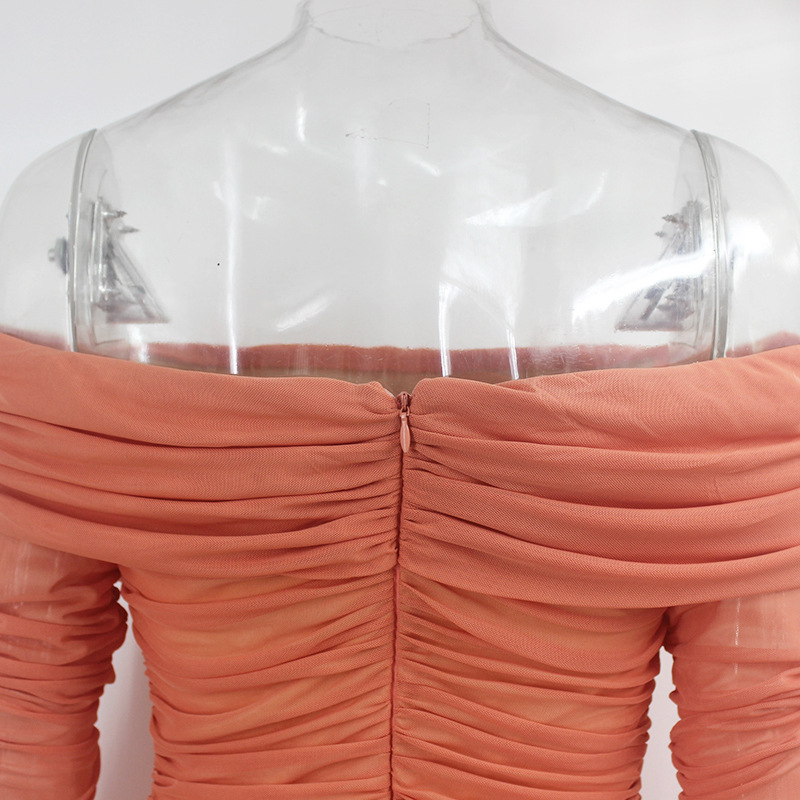 Women's mesh mesh one-piece collar long-sleeved pleated dress_voghion.com