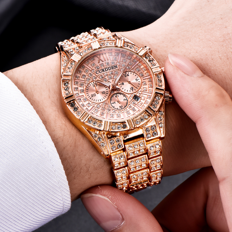 Men Watches Fashion Steel Diamond Date Quartz Wrist Watch_voghion.com